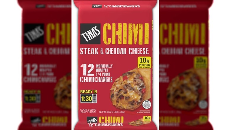 Package of steak and cheddar cheese chimichangas.