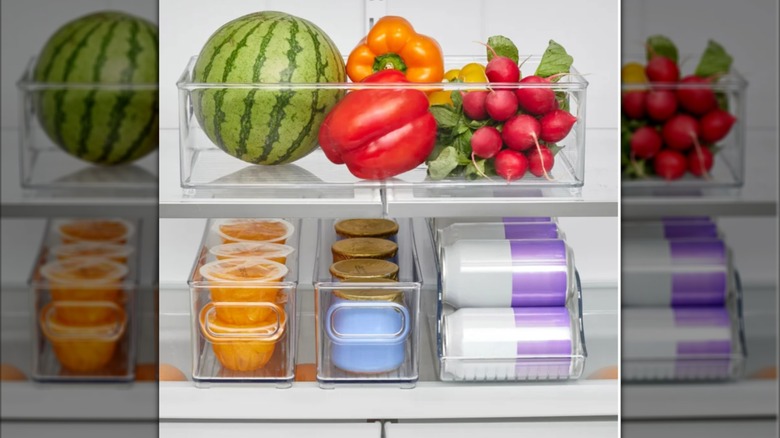 iDESIGN Kitchen Bins 4-piece Set with produce,  snacks, and sodas