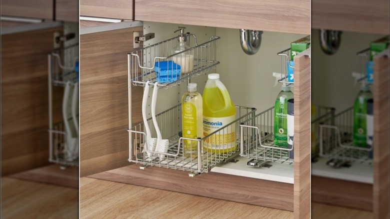 Trinity Wire Undersink Organizer with Slide installed under kitchen sink