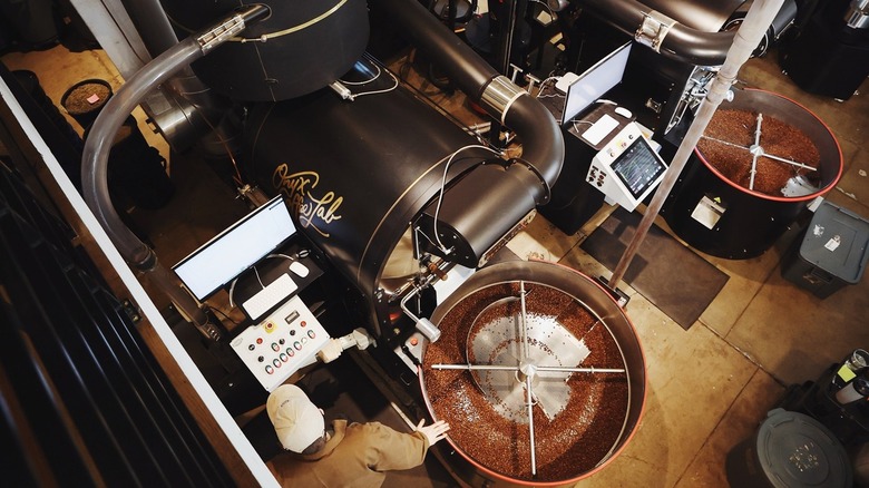 Worker operates a coffee bean roaster