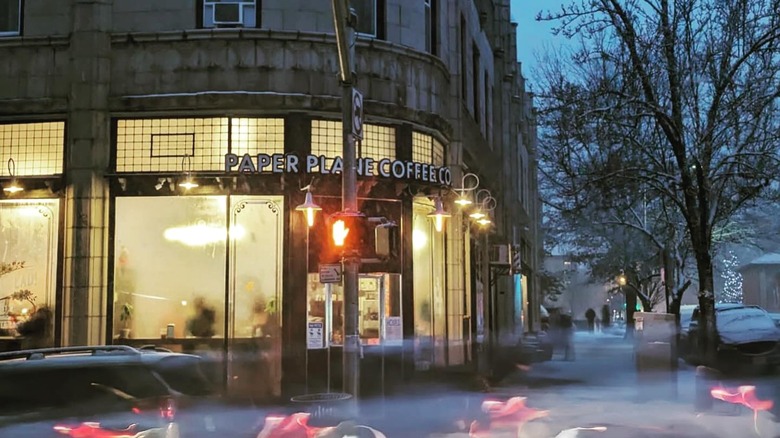 Street view of the front entrance of Paper Plane Coffee Co.