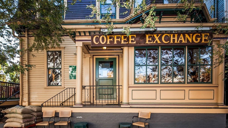 The light orange exterior of The Coffee Exchange café
