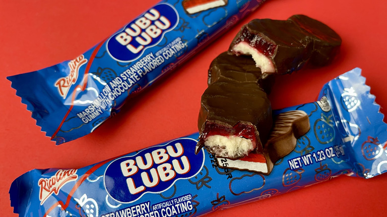 Bubu Lubu chocolate candy bars with marshmallow and strawberry jelly filling