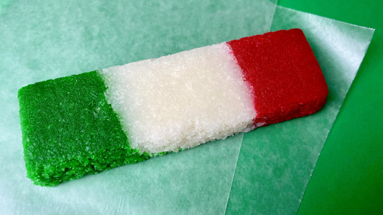 A green, white, and red coconut candy bar