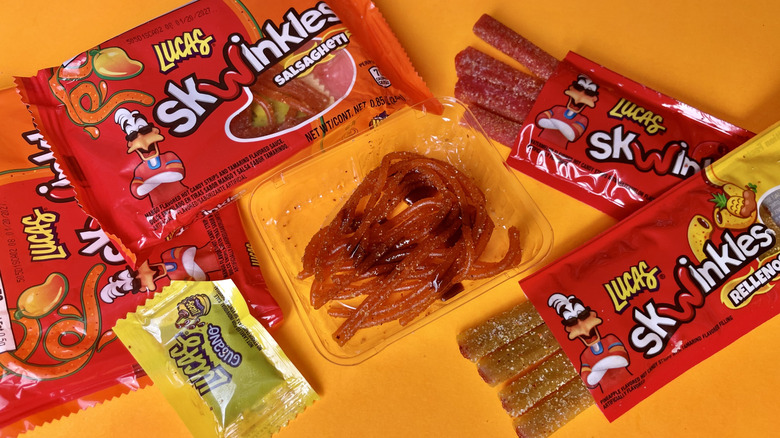 Packages of Lucas Skwinkles salsaghetti and rellenos gummy candies