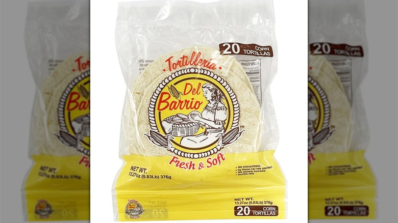 package of Del Barrio corn tortillas on a white background
