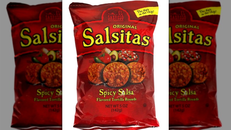 red bag of El Sabroso Salsitas tortilla chips on a white background