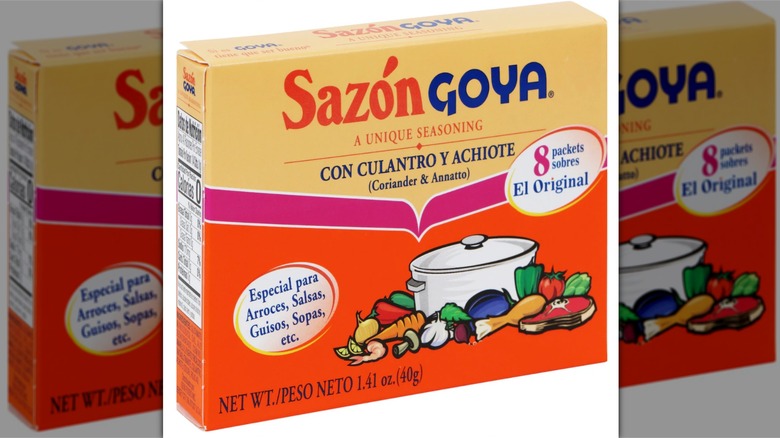 box of Goya sazón seasoning on a white background