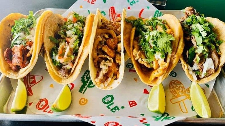 Row of five tacos at Bugambilias Mexican Cuisine
