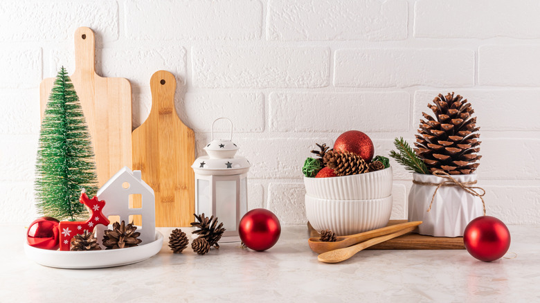 holiday decor and utensils on kitchen counter