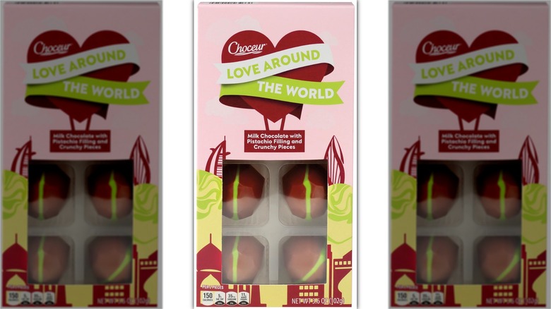 box of pistachio filled milk chocolates