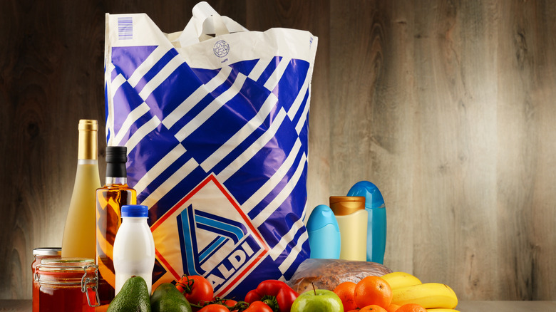 Overstuffed aldi shopping bag
