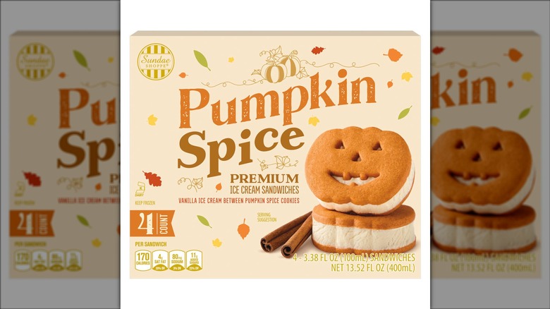 box of ice cream cookie sandwiches in the shape of pumpkins