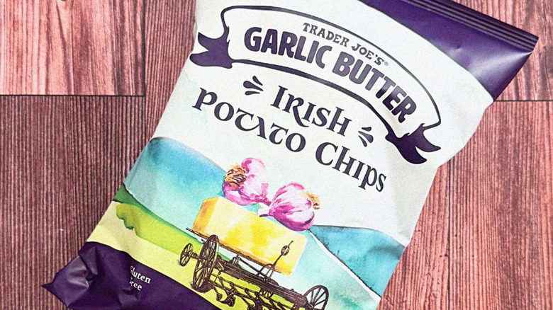 Garlic Butter Irish Potato Chips bag on wood backdrop