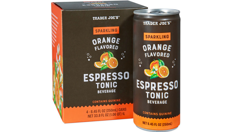 can of Orange Flavored Espresso Tonic beside a cardboard box of four