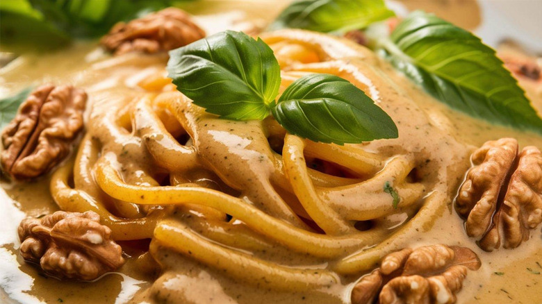 Salsa di noci sauce over spaghetti