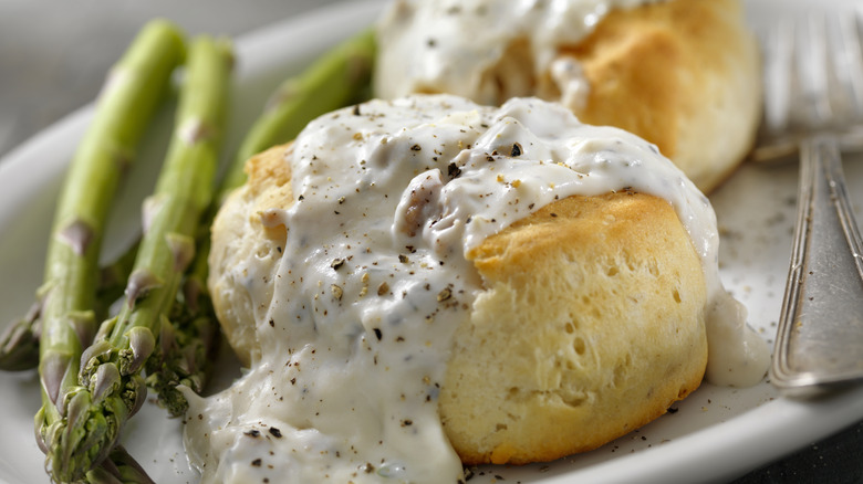 biscuits and sausage gravy plate