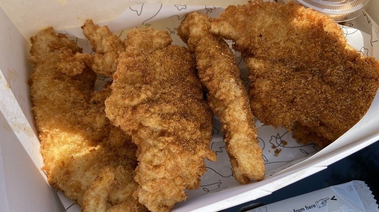 a tray of spicy chicken tenders