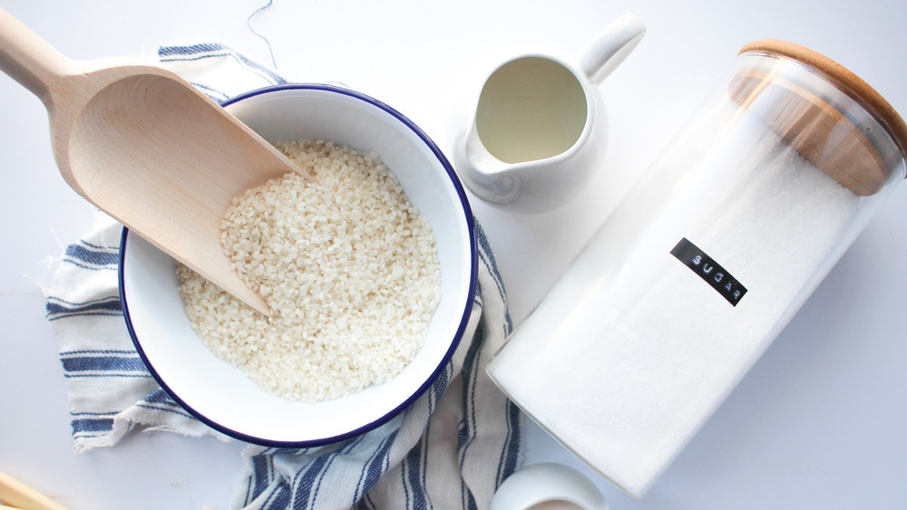 rice pudding recipe ingredients on a counter