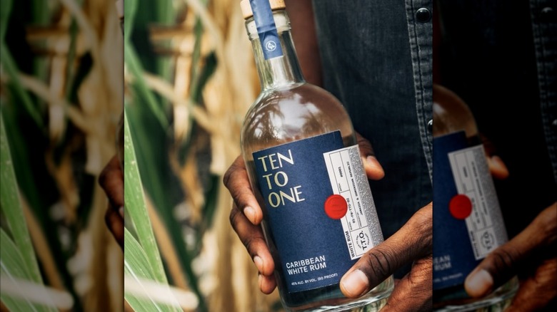 hands holding bottle of Ten to One Caribbean White Rum