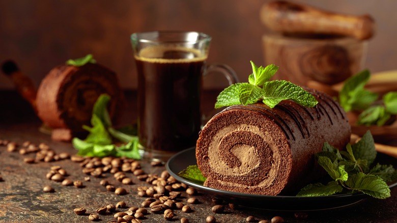 chocolate cake roll with coffee