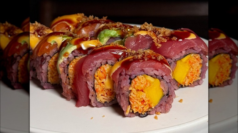 Vegetarian mango sushi roll  on a plate