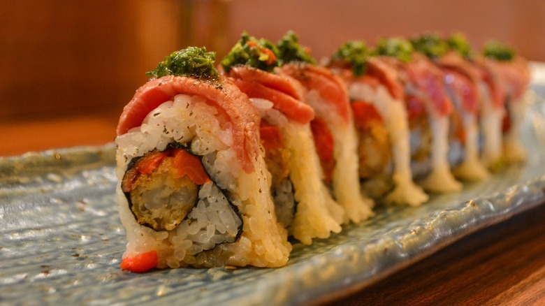 Sotobara sushi, with Cantabrian anchovy, sweet bell peppers, tender flank steak, and chimichurri.