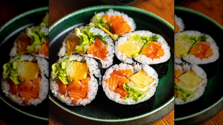 Tama Rama Roll made with New Zealand king salmon, tamago, miso mayo and romaine lettuce.