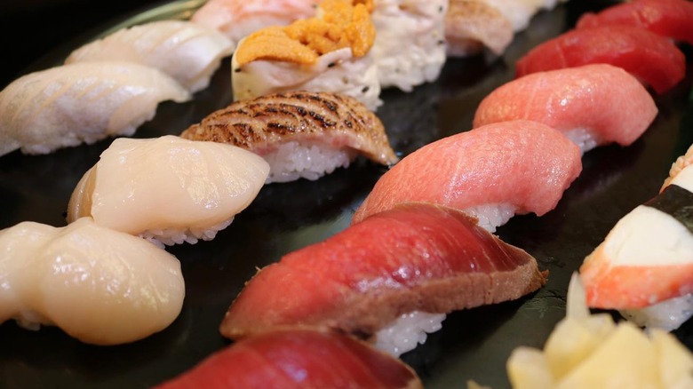 Different types of nigiri, made with salmon, tuna, white fish, and more.
