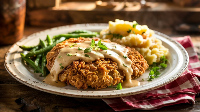 Chicken-fried steak and sides on plate