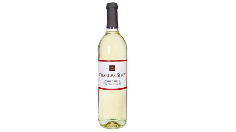 Bottle of Charles Shaw white wine on white background