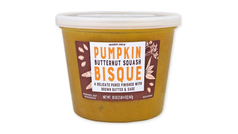 Tub of Trader Joe's refrigerated fresh soup in pumpkin butternut squash bisque flavor