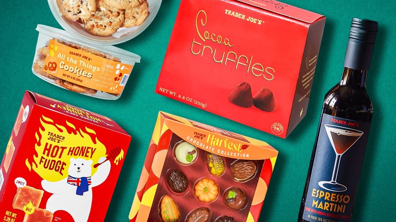 Various Trader Joe's gifts like Hot Honey Fudge, Espresso Martini, and Cocoa Truffles