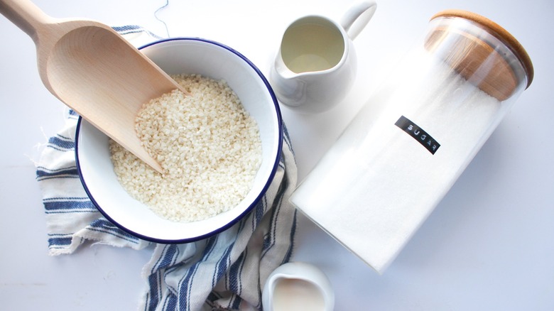 bowl of rice, sugar, milk