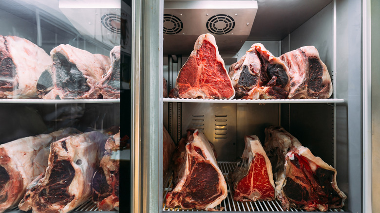 dry-aged beef in a refrigerator