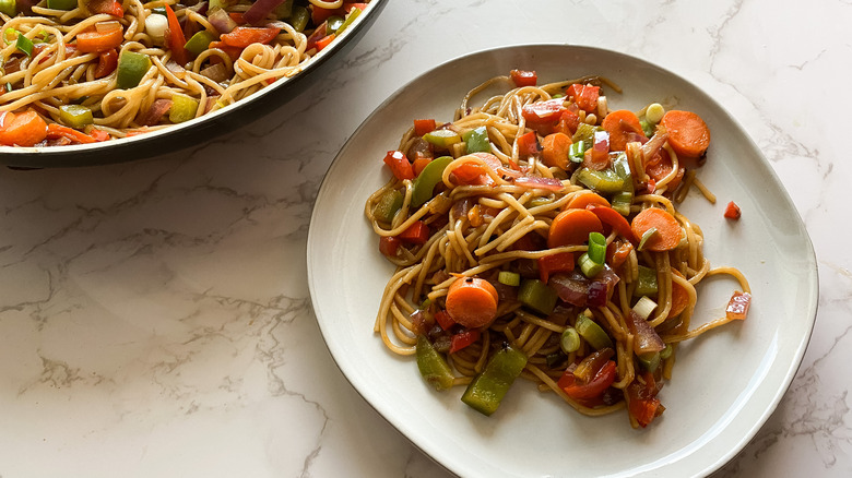 Vegetable Lo Mein served on a plate