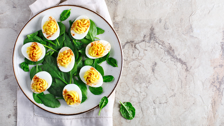 Deviled eggs arranged on white plate