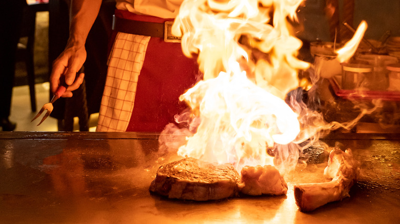 Fiery steak on hibachi grill