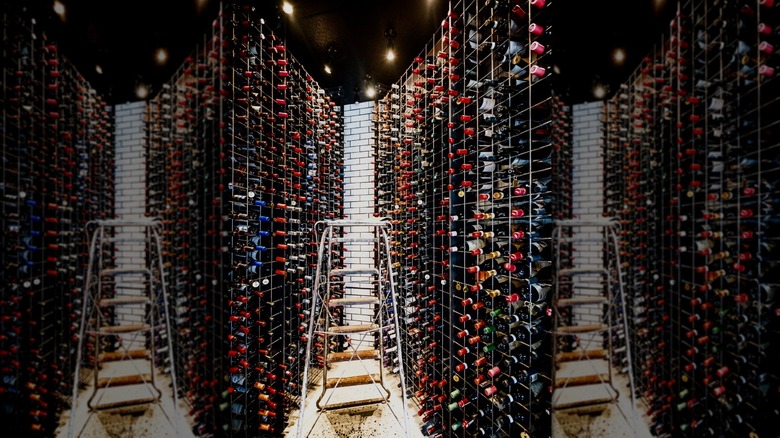 bright, modern, and narrow wine cellar stacked high with wine bottles and ladder in the center