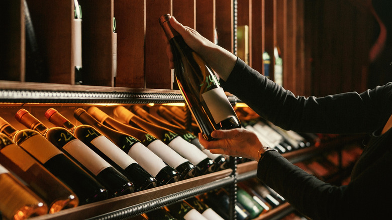 Selecting a bottle of wine from a cellar
