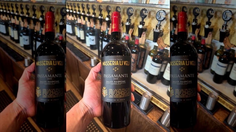 a hand holding a bottle of Masseria Li Veli Passamante wine.