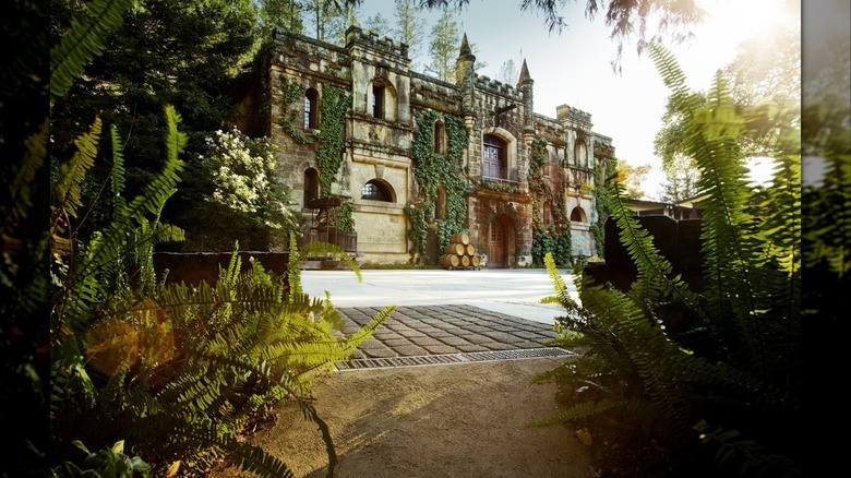 A stone, castle-like building covered in ivy and greenery, with arched doorways, wine barrels outside, and sunlight filtering through nearby trees