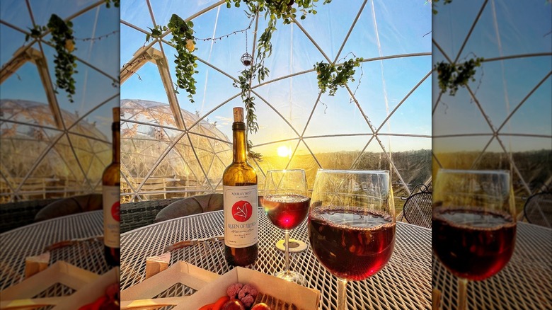 A bottle of red wine with two filled glasses on a metal table inside an igloo, with a cheese and fruit board
