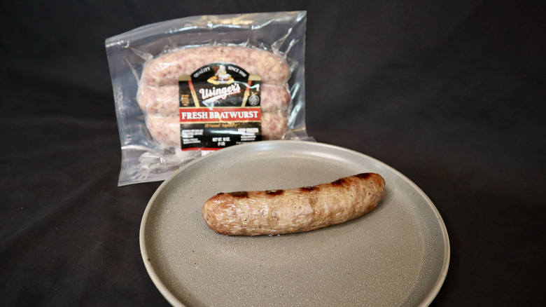 Usinger's bratwurst on plate next to package