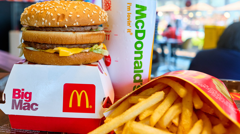 McDonald's Big Mac burger, fries, and milkshake