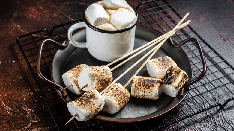 Roasted marshmallows on skewers and in a cup