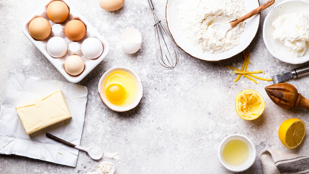 eggs, flour, sugar on a counter