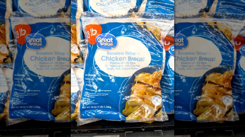 A bag of frozen Great Value chicken breast