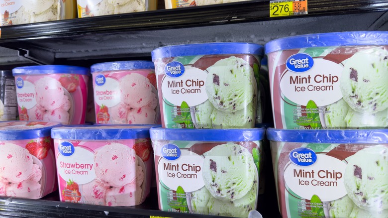 Cartons of strawberry and mint chip Great Value ice cream at Walmart