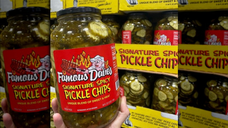 Jar of Famous Dave's Signature Spicy pickle chip at Costco 